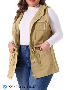 Plus Size Anorak Utility Vest Women Sleeveless Cargo Hooded Jacket Drawstring
